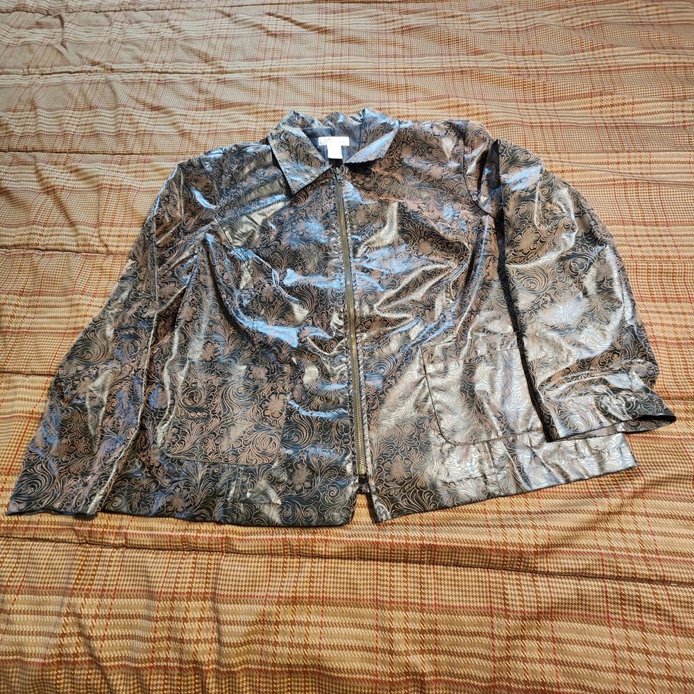 Dressbarn Woman 2X Zip Jacket Coated PVC Faux Leather Black Brown Paisley...
